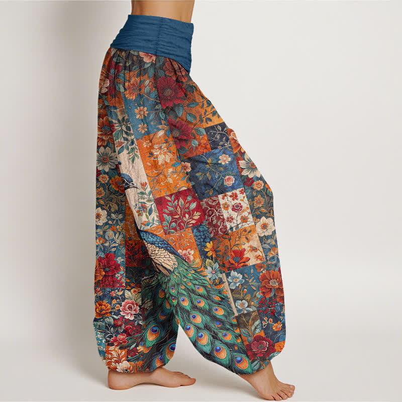 Buddha Stones Baumwoll-Haremshose mit Pfauen- und Blumenmuster, elastischem Bund und Patchwork-Design für Damen. - image 1