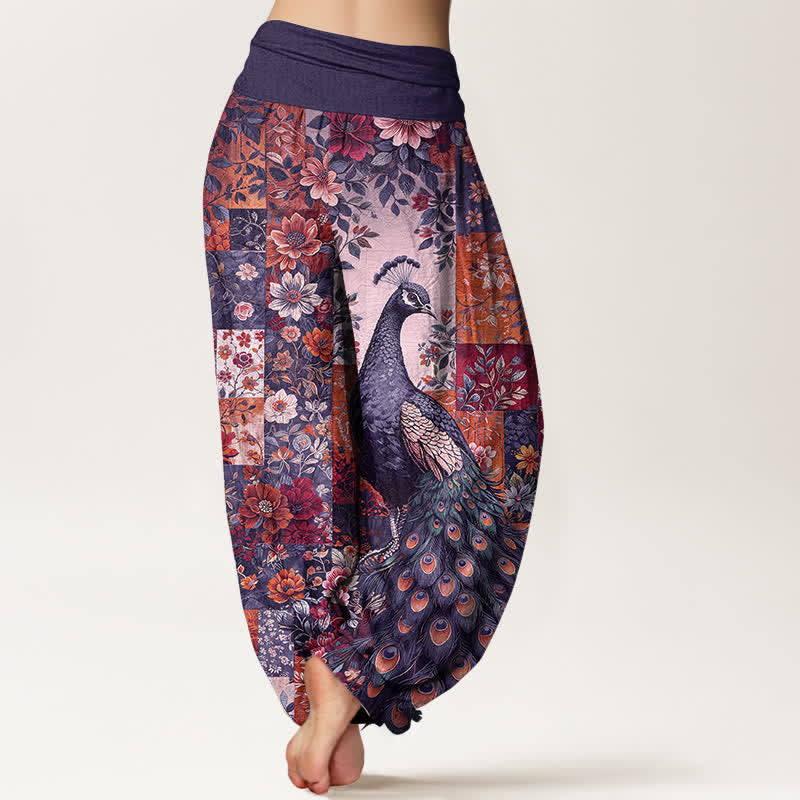 Buddha Stones Baumwoll-Haremshose mit Pfauen- und Blumenmuster, elastischem Bund und Patchwork-Design für Damen. - image 7