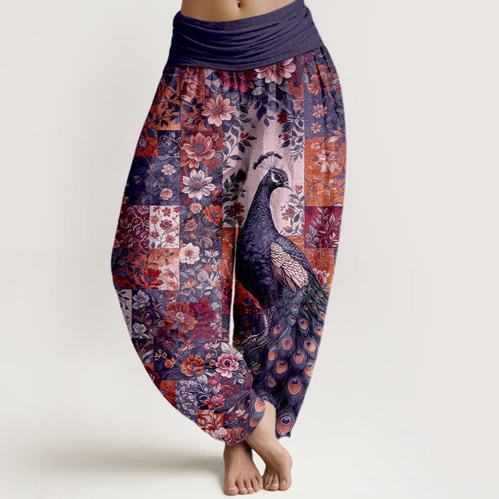 Buddha Stones Baumwoll-Haremshose mit Pfauen- und Blumenmuster, elastischem Bund und Patchwork-Design für Damen. - Indigo - US16, UK/AU20, EU48 (3XL) - image 5