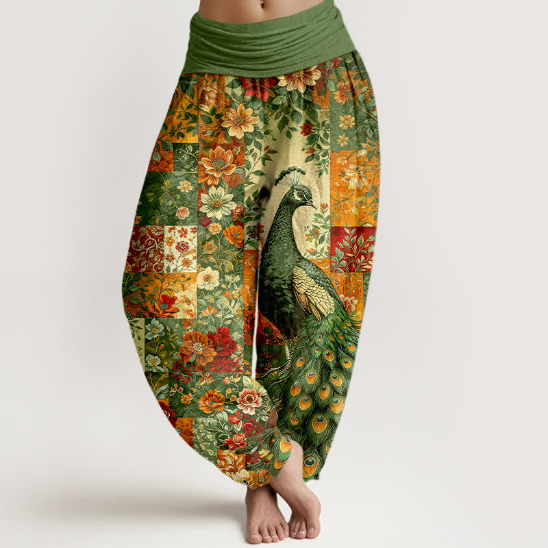 Buddha Stones Baumwoll-Haremshose mit Pfauen- und Blumenmuster, elastischem Bund und Patchwork-Design für Damen. - Olivgrün - US16, UK/AU20, EU48 (3XL) - image 8