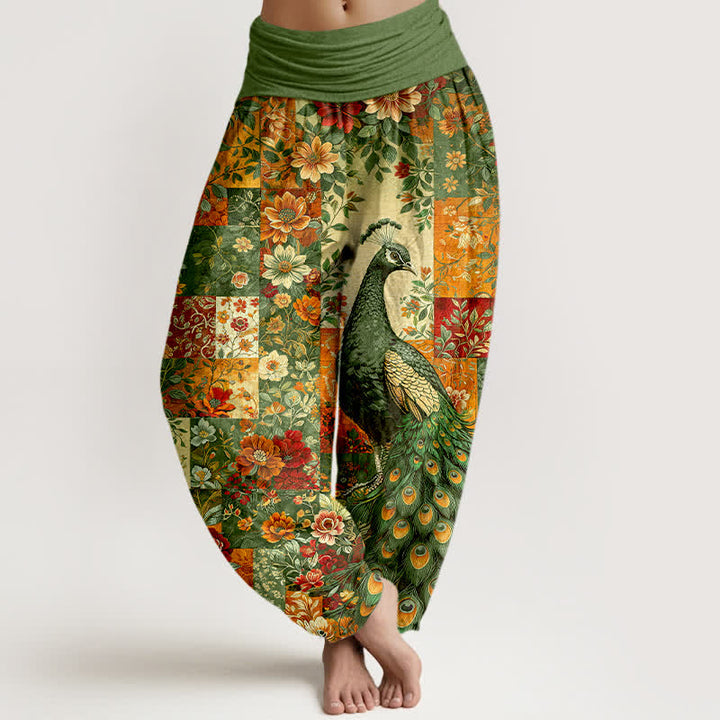 Buddha Stones Baumwoll-Haremshose mit Pfauen- und Blumenmuster, elastischem Bund und Patchwork-Design für Damen. - Olivgrün - US16, UK/AU20, EU48 (3XL) - image 8