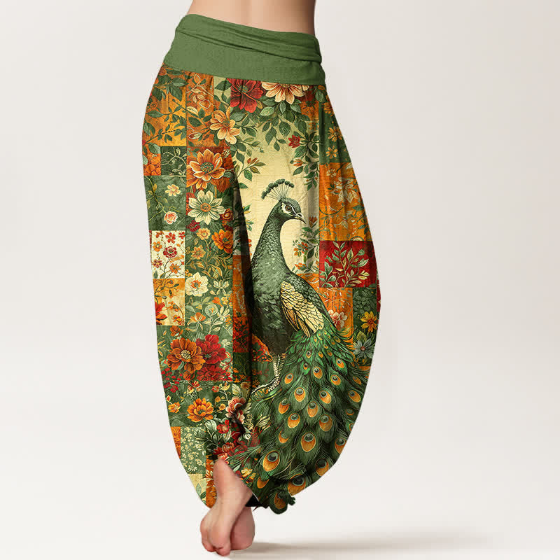 Buddha Stones Baumwoll-Haremshose mit Pfauen- und Blumenmuster, elastischem Bund und Patchwork-Design für Damen. - image 10