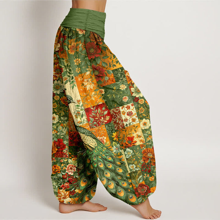 Buddha Stones Baumwoll-Haremshose mit Pfauen- und Blumenmuster, elastischem Bund und Patchwork-Design für Damen. - image 9