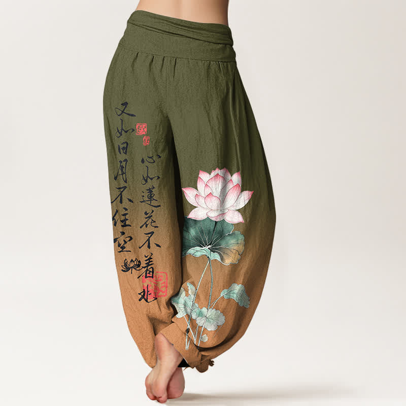 Buddha Stones Baumwoll-Haremshose mit Lotus-Kalligrafie-Muster und elastischem Bund für Damen - image 2