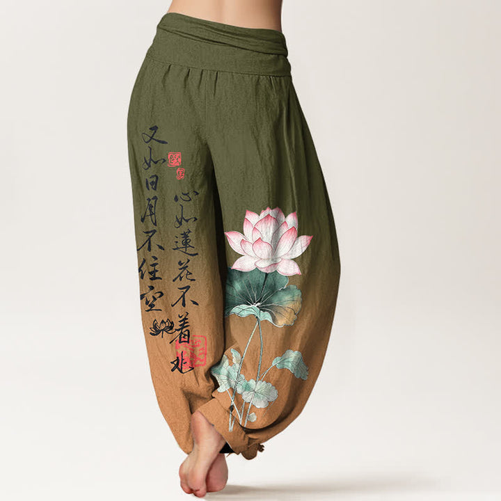 Buddha Stones Baumwoll-Haremshose mit Lotus-Kalligrafie-Muster und elastischem Bund für Damen - image 2