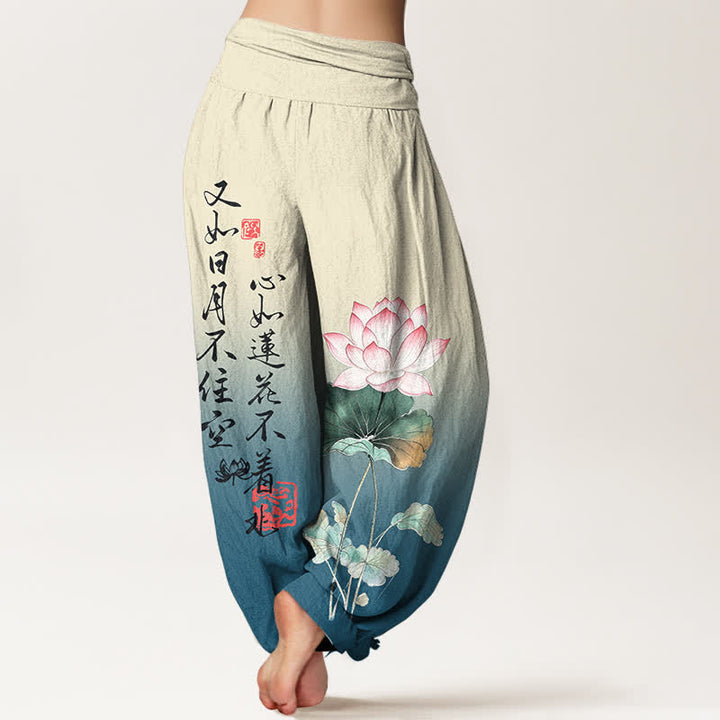 Buddha Stones Baumwoll-Haremshose mit Lotus-Kalligrafie-Muster und elastischem Bund für Damen - image 7