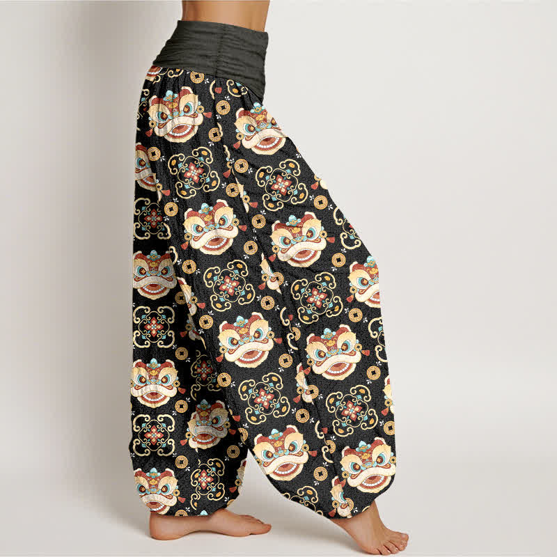 Buddha Stones Baumwoll-Haremshose mit Löwenmaskenmuster und elastischem Bund für Damen - image 1