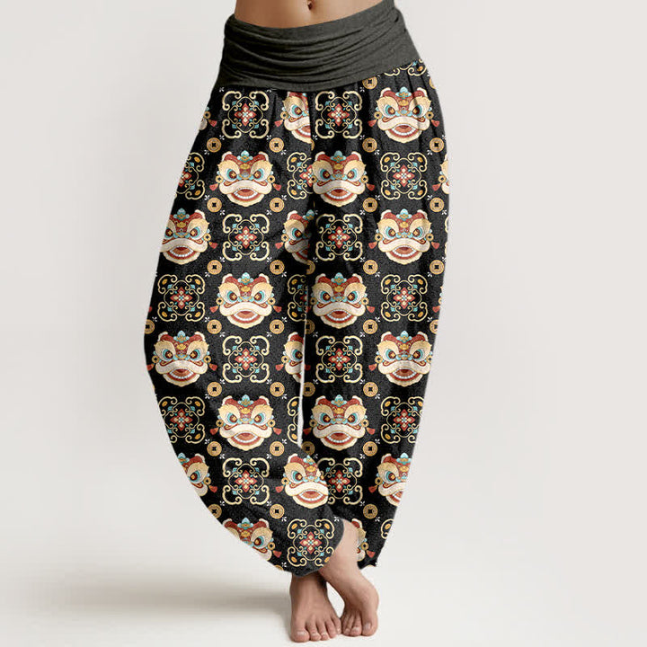 Buddha Stones Baumwoll-Haremshose mit Löwenmaskenmuster und elastischem Bund für Damen - DimGray - US16, UK/AU20, EU48 (3XL) - image 0