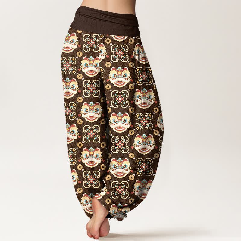 Buddha Stones Baumwoll-Haremshose mit Löwenmaskenmuster und elastischem Bund für Damen - image 10