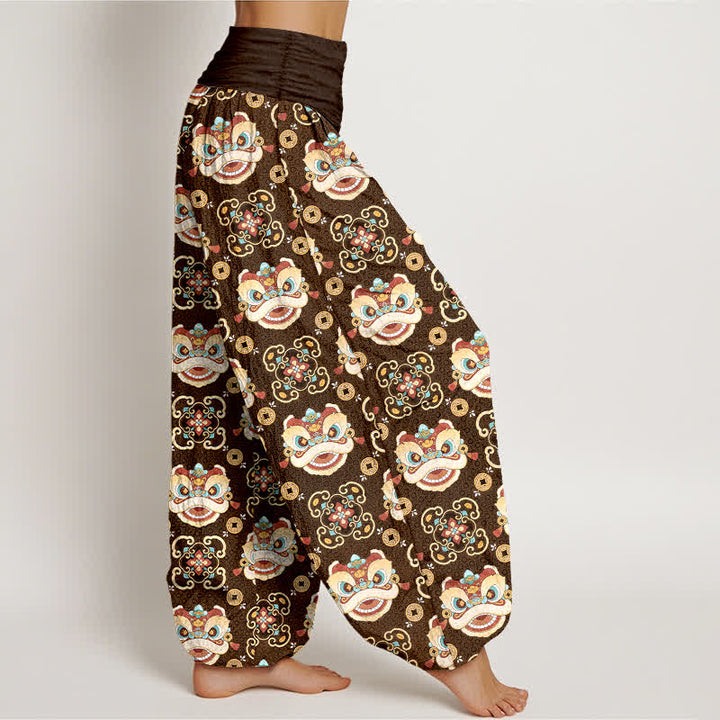 Buddha Stones Baumwoll-Haremshose mit Löwenmaskenmuster und elastischem Bund für Damen - image 9