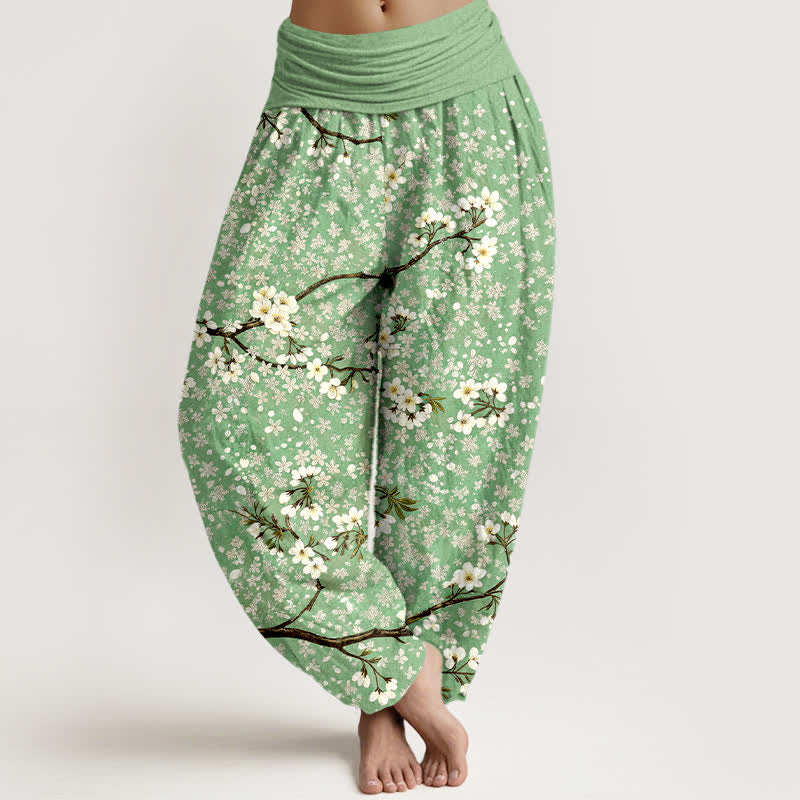 Buddha Stones Baumwoll-Haremshose mit weißem Blütenzweigmuster und elastischem Bund für Damen - Hellgrün - US16, UK/AU20, EU48 (3XL) - image 0