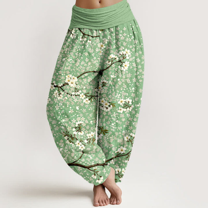 Buddha Stones Baumwoll-Haremshose mit weißem Blütenzweigmuster und elastischem Bund für Damen - Hellgrün - US16, UK/AU20, EU48 (3XL) - image 0