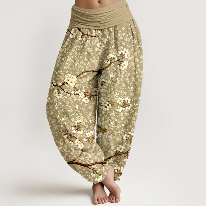 Buddha Stones Baumwoll-Haremshose mit weißem Blütenzweigmuster und elastischem Bund für Damen - Dunkelkhaki - US16, UK/AU20, EU48 (3XL) - image 8