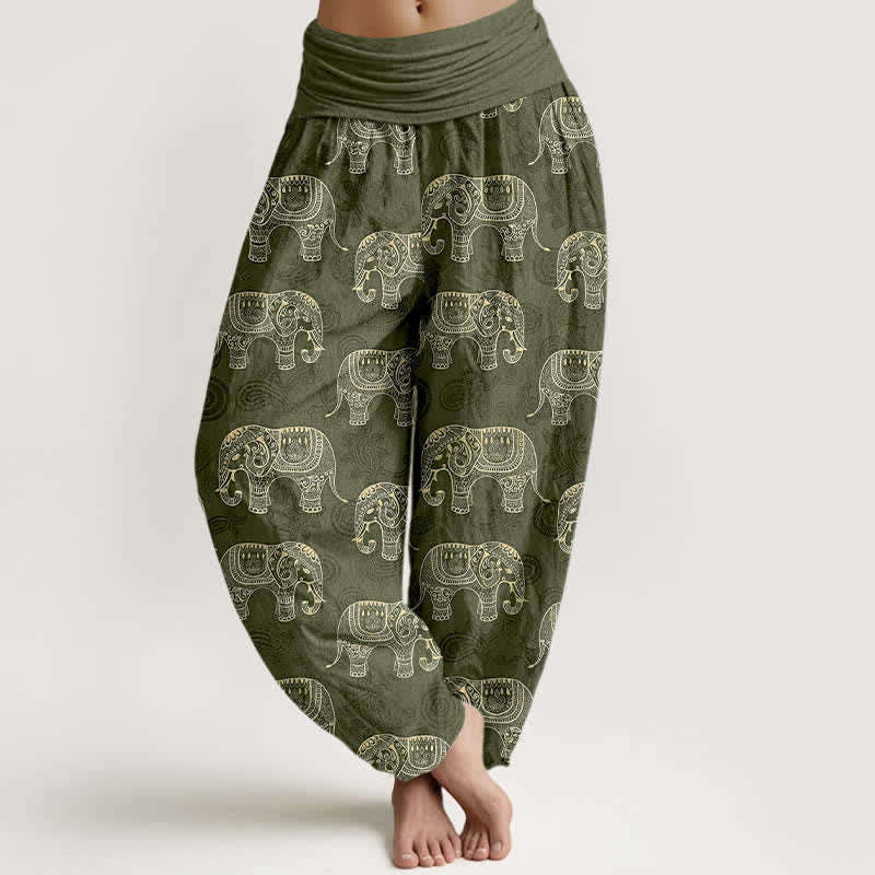 Buddha Stones Baumwoll-Haremshose mit weißem Elefantenmuster und elastischem Bund für Damen - Olivgrün - US16, UK/AU20, EU48 (3XL) - image 5