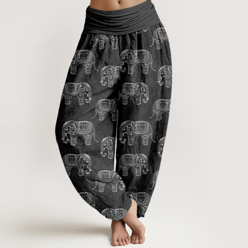 Buddha Stones Baumwoll-Haremshose mit weißem Elefantenmuster und elastischem Bund für Damen - DimGray - US16, UK/AU20, EU48 (3XL) - image 8