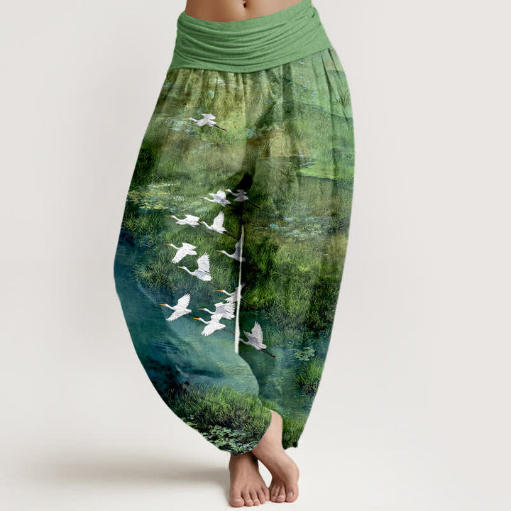 Buddha Stones Damen-Haremshose mit elastischem Bund und Vogelmuster aus Cotton Forest Lake - Limettengrün - US16, UK/AU20, EU48 (3XL) - image 0