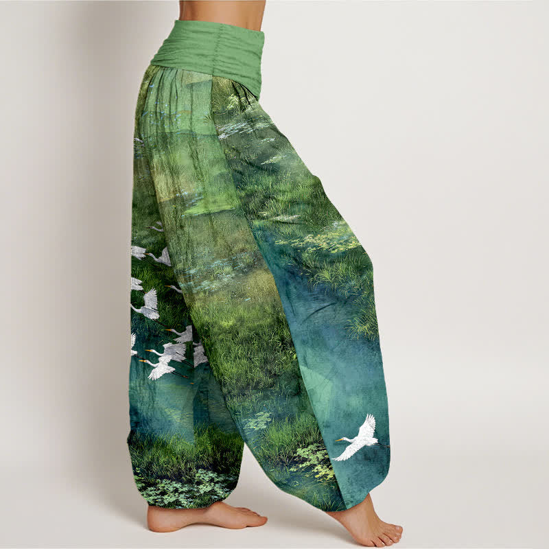 Buddha Stones Damen-Haremshose mit elastischem Bund und Vogelmuster aus Cotton Forest Lake - image 1