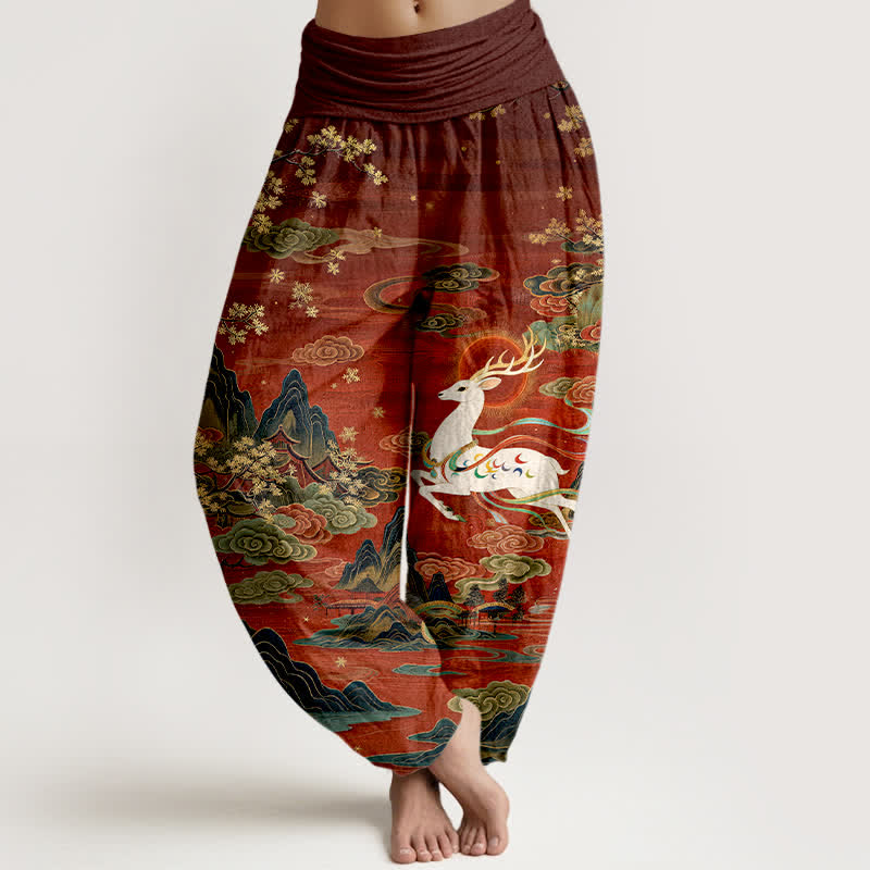 Buddha Stones Weiße Baumwoll-Haremshose mit Hirsch- und Bergmuster, elastischer Bund, für Damen. - Kastanienbraun - US16, UK/AU20, EU48 (3XL) - image 0