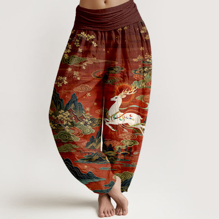 Buddha Stones Weiße Baumwoll-Haremshose mit Hirsch- und Bergmuster, elastischer Bund, für Damen. - Kastanienbraun - US16, UK/AU20, EU48 (3XL) - image 0