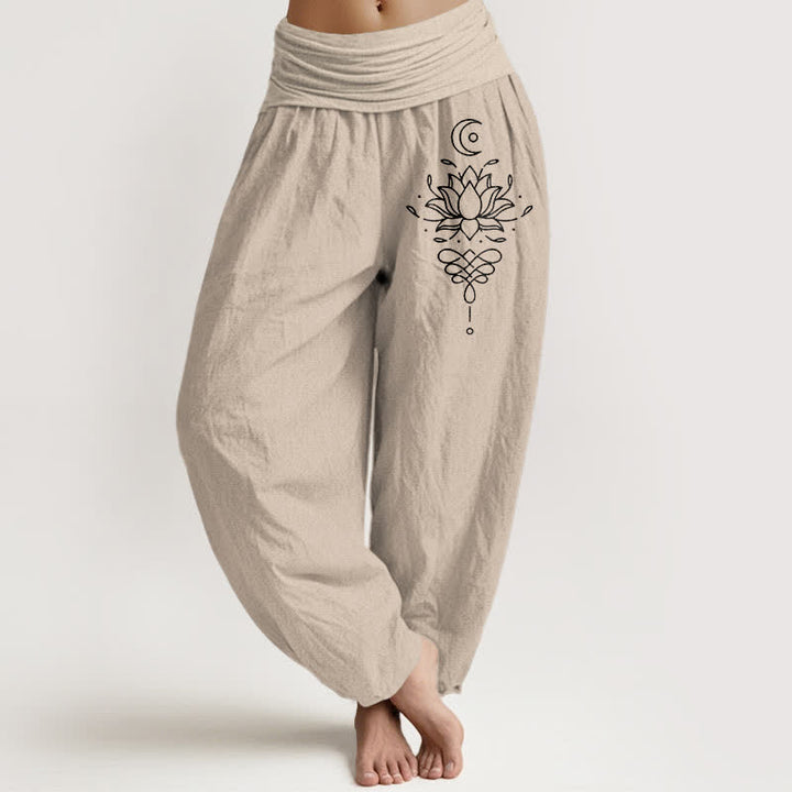Buddha Stones Damen-Haremshose aus reiner Baumwolle mit weißem Lotusmuster und elastischem Bund - Bräunen - US16, UK/AU20, EU48 (3XL) - image 11