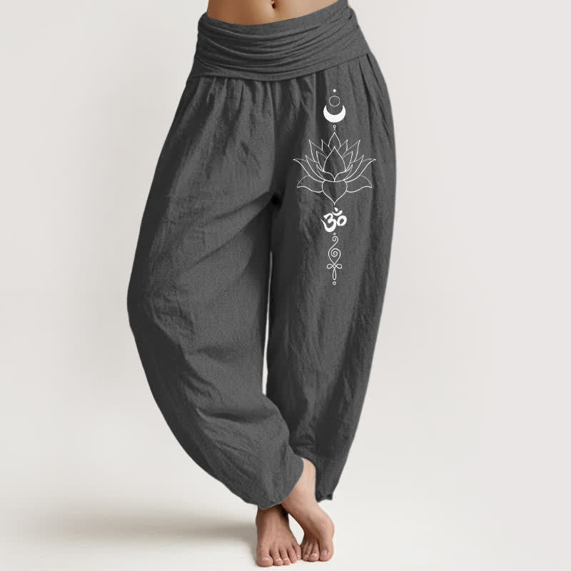 Buddha Stones Damen-Haremshose aus reiner Baumwolle mit Lotus-Mond-Om-Muster und elastischem Bund - DimGray - US16, UK/AU20, EU48 (3XL) - image 11