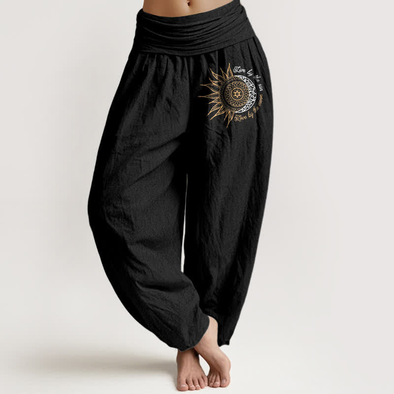 Buddha Stones Damen-Haremshose aus reiner Baumwolle mit Mandala-Muster (Sonne, Mond) und elastischem Bund - Schwarz - US16, UK/AU20, EU48 (3XL) - image 0