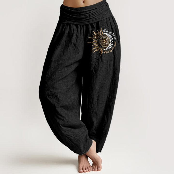 Buddha Stones Damen-Haremshose aus reiner Baumwolle mit Mandala-Muster (Sonne, Mond) und elastischem Bund - Schwarz - US16, UK/AU20, EU48 (3XL) - image 0