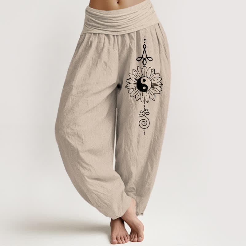 Buddha Stones Damen-Haremshose aus reiner Baumwolle mit Sonnenblumen-Yin-Yang-Muster und elastischem Bund - Bräunen - US16, UK/AU20, EU48 (3XL) - image 0
