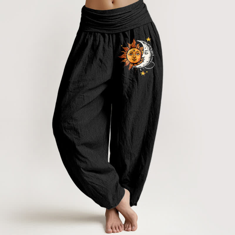 Buddha Stones Damen-Haremshose aus reiner Baumwolle mit Sonnen- und Mondmuster und elastischem Bund - Schwarz - US16, UK/AU20, EU48 (3XL) - image 0