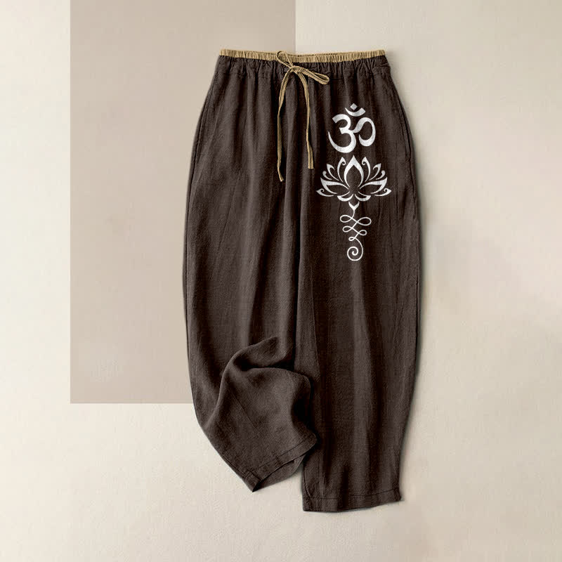 Buddha Stones Damenhose aus reiner Baumwolle mit Zen-Lotus-Om-Muster, elastischem Bund und Taschen - Sattelbraun - US16, UK/AU20, EU48 (3XL) - image 0