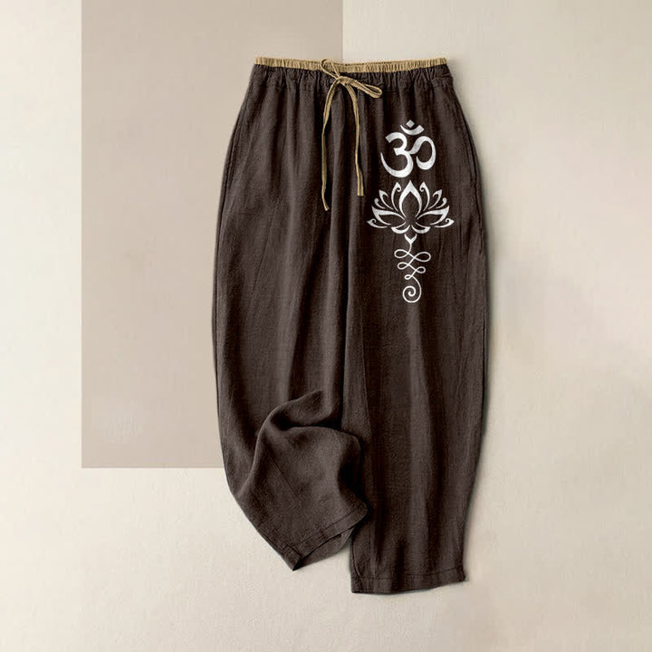 Buddha Stones Damenhose aus reiner Baumwolle mit Zen-Lotus-Om-Muster, elastischem Bund und Taschen - Sattelbraun - US16, UK/AU20, EU48 (3XL) - image 0