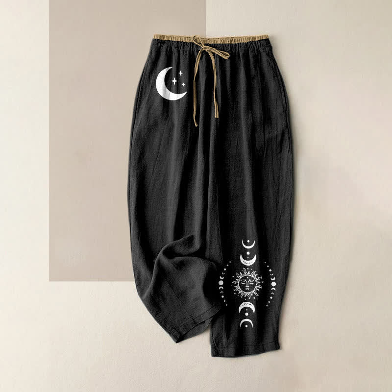 Buddha Stones Elegante Damenhose aus reiner Baumwolle mit Mondphasenmuster, elastischem Bund und Taschen - Schwarz - US16, UK/AU20, EU48 (3XL) - image 0