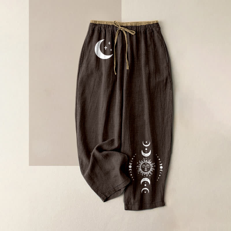 Buddha Stones Elegante Damenhose aus reiner Baumwolle mit Mondphasenmuster, elastischem Bund und Taschen - Sattelbraun - US16, UK/AU20, EU48 (3XL) - image 4