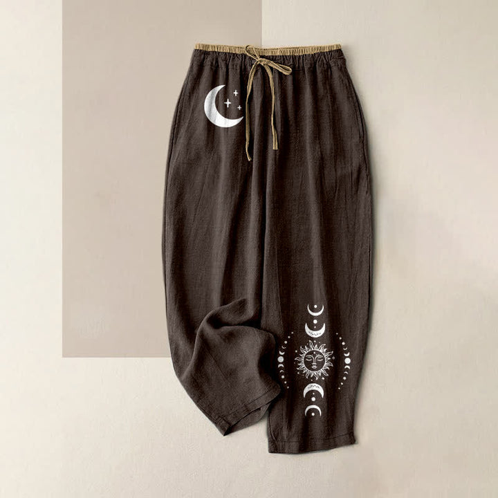 Buddha Stones Elegante Damenhose aus reiner Baumwolle mit Mondphasenmuster, elastischem Bund und Taschen - Sattelbraun - US16, UK/AU20, EU48 (3XL) - image 4