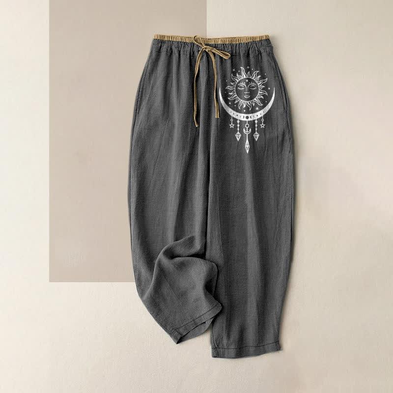 Buddha Stones Damenhose aus reiner Baumwolle mit himmlischem Sonne- und Mondmuster, elastischem Bund und Taschen - DimGray - US16, UK/AU20, EU48 (3XL) - image 0