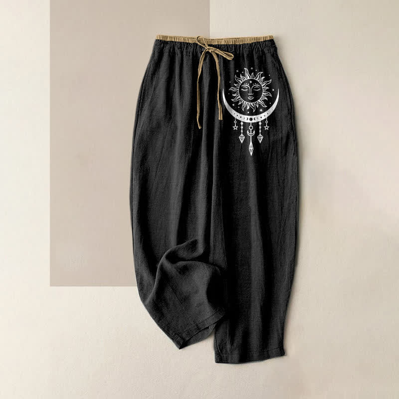 Buddha Stones Damenhose aus reiner Baumwolle mit himmlischem Sonne- und Mondmuster, elastischem Bund und Taschen - Schwarz - US16, UK/AU20, EU48 (3XL) - image 5