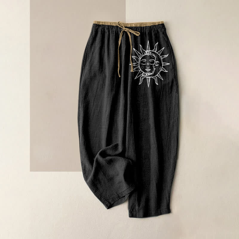 Buddha Stones Damenhose aus reiner Baumwolle mit himmlischem Sonnenmuster, elastischem Bund und Taschen - Schwarz - US16, UK/AU20, EU48 (3XL) - image 0