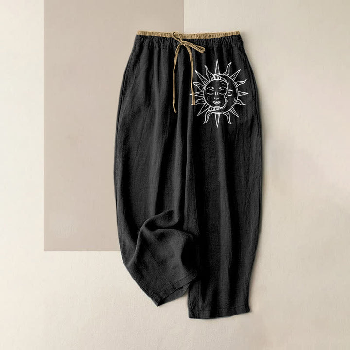 Buddha Stones Damenhose aus reiner Baumwolle mit himmlischem Sonnenmuster, elastischem Bund und Taschen - Schwarz - US16, UK/AU20, EU48 (3XL) - image 0