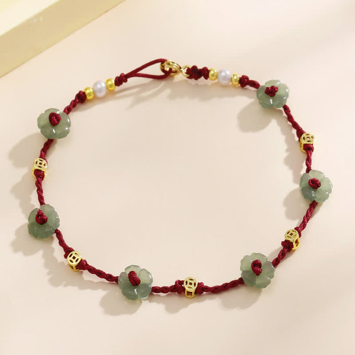 Buddha Stones Handgewebtes rotes Schutz-Fußkettchen mit Blumenanhänger - image 1