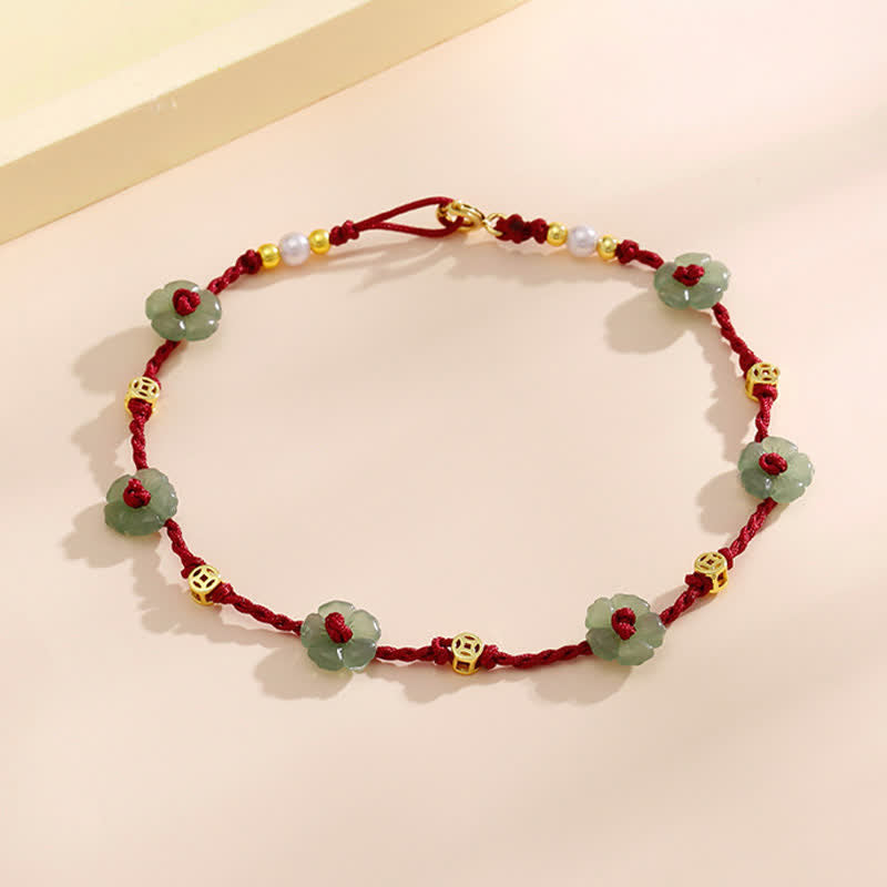 Buddha Stones Handgewebtes rotes Schutz-Fußkettchen mit Blumenanhänger - image 3