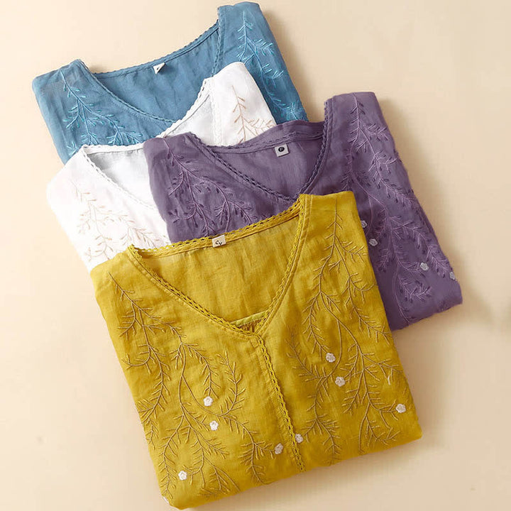 Buddha Stones ​​Sommer-Freizeit-T-Shirt mit Blumenzweig-Stickerei, V-Ausschnitt und halben Ärmeln für Damen - image 8