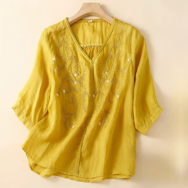 Buddha Stones ​​Sommer-Freizeit-T-Shirt mit Blumenzweig-Stickerei, V-Ausschnitt und halben Ärmeln für Damen - Gold - US 8-10, UK/AU 12-14, EU 40-42 (2XL) - image 0
