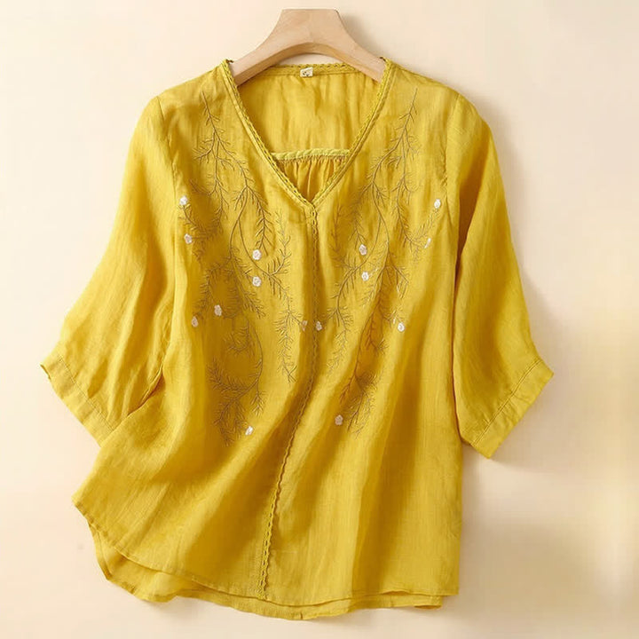 Buddha Stones ​​Sommer-Freizeit-T-Shirt mit Blumenzweig-Stickerei, V-Ausschnitt und halben Ärmeln für Damen - Gold - US 8-10, UK/AU 12-14, EU 40-42 (2XL) - image 0