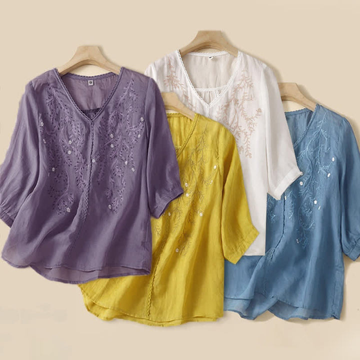 Buddha Stones ​​Sommer-Freizeit-T-Shirt mit Blumenzweig-Stickerei, V-Ausschnitt und halben Ärmeln für Damen - image 7