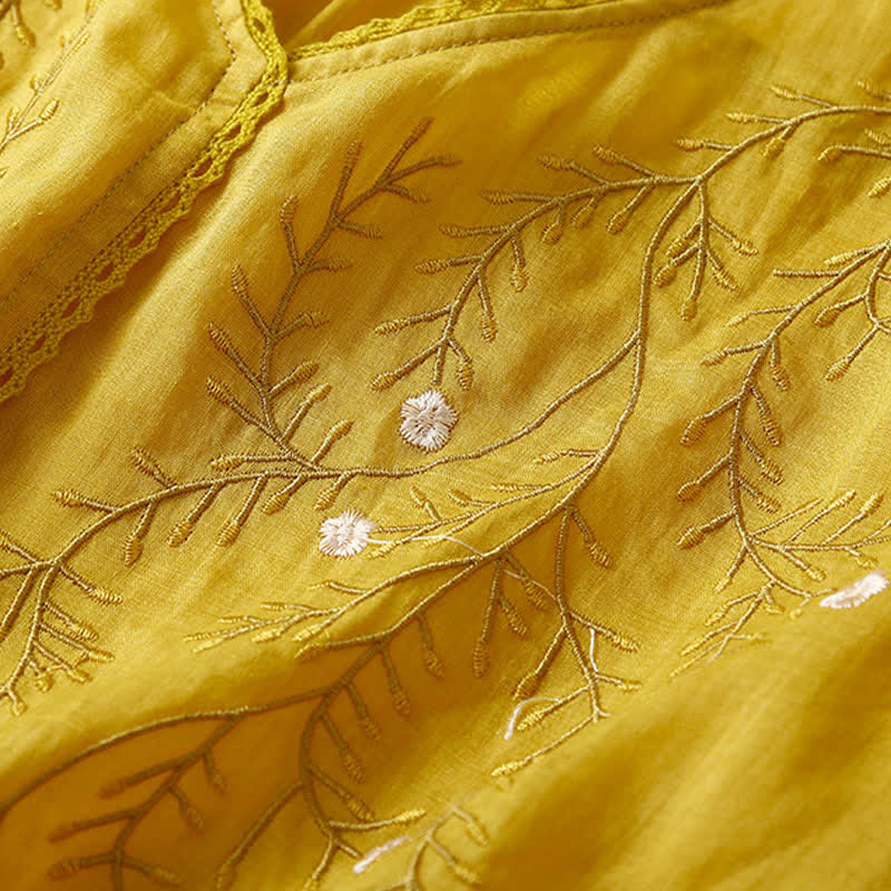 Buddha Stones ​​Sommer-Freizeit-T-Shirt mit Blumenzweig-Stickerei, V-Ausschnitt und halben Ärmeln für Damen - image 2
