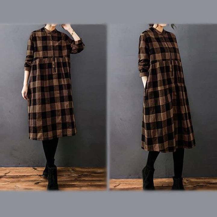 Buddha Stones Commute Patchwork Color Plaid Langarm-Midikleid - image 9