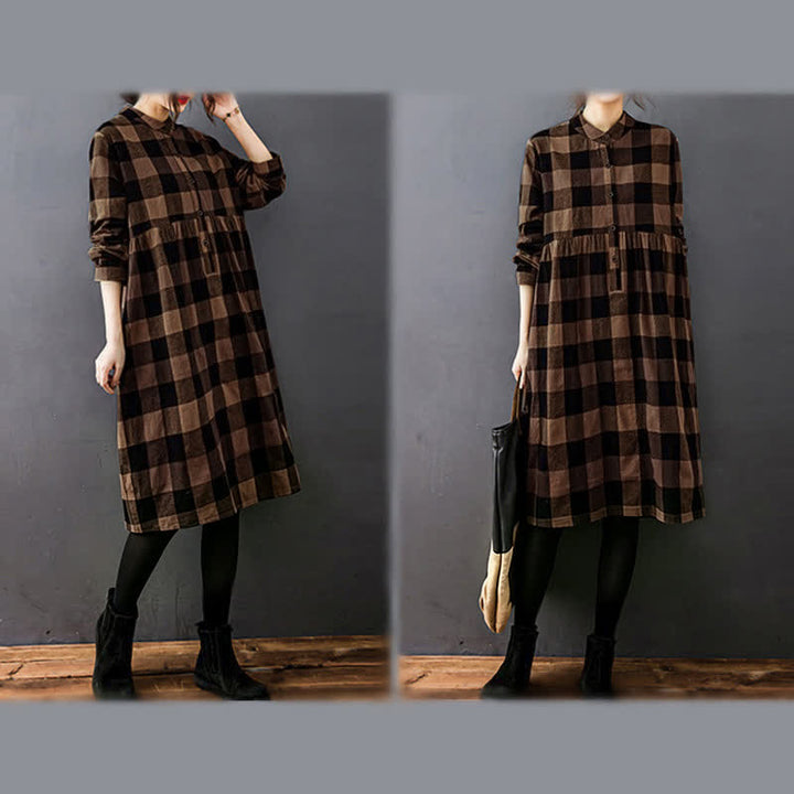 Buddha Stones Commute Patchwork Color Plaid Langarm-Midikleid - image 10