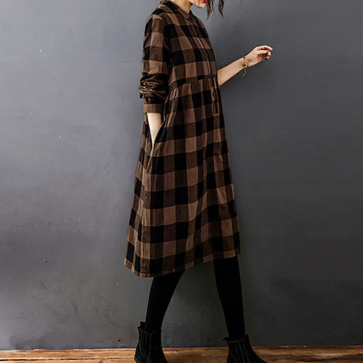 Buddha Stones Commute Patchwork Color Plaid Langarm-Midikleid - image 8