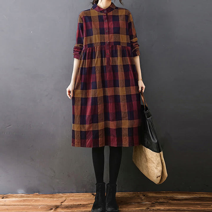 Buddha Stones Commute Patchwork Color Plaid Langarm-Midikleid - image 16