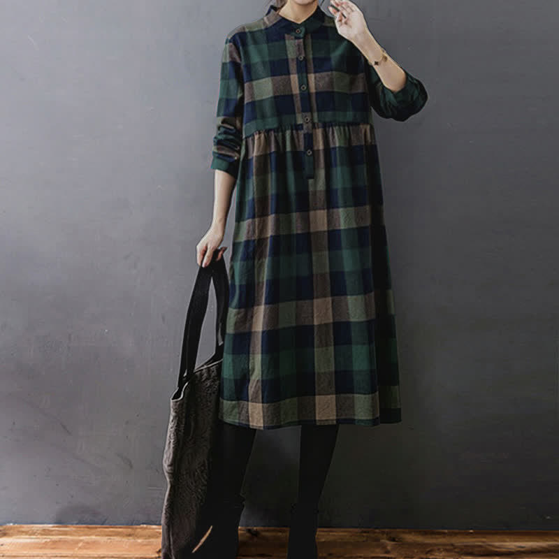 Buddha Stones Commute Patchwork Color Plaid Langarm-Midikleid - image 2
